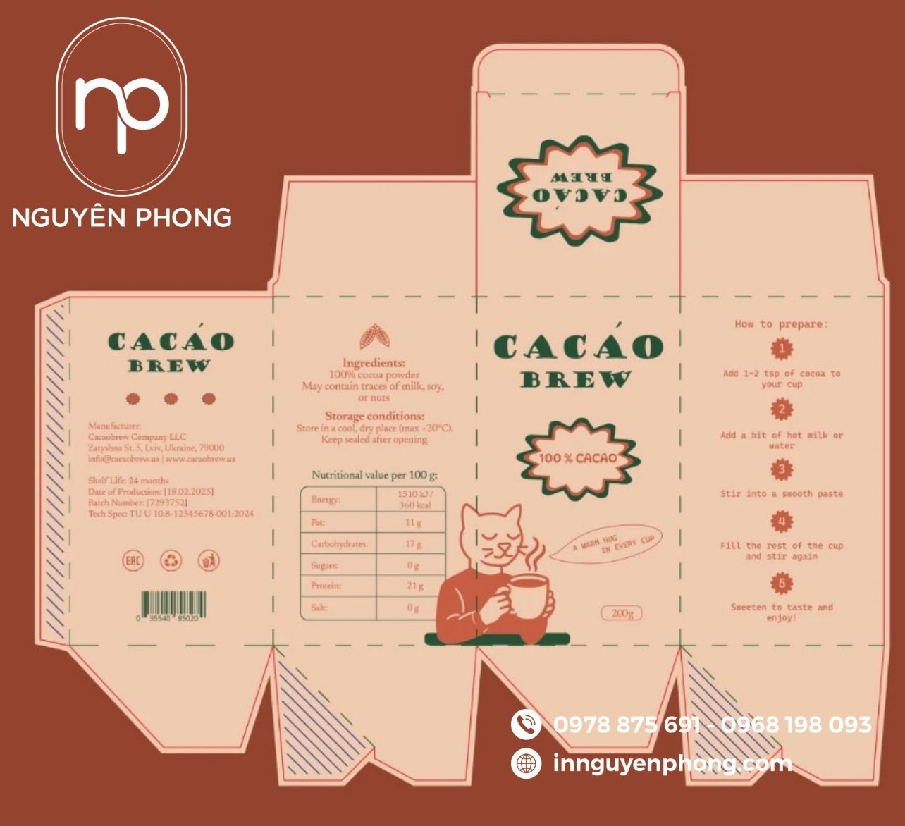 Mẫu hộp giấy đựng bột cacao chuẩn quy cách 